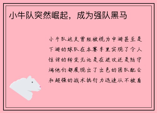 小牛队突然崛起，成为强队黑马