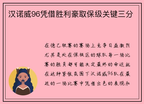 汉诺威96凭借胜利豪取保级关键三分