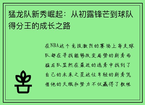 猛龙队新秀崛起：从初露锋芒到球队得分王的成长之路