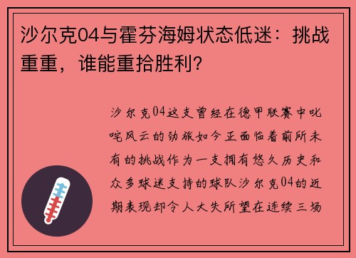 沙尔克04与霍芬海姆状态低迷：挑战重重，谁能重拾胜利？