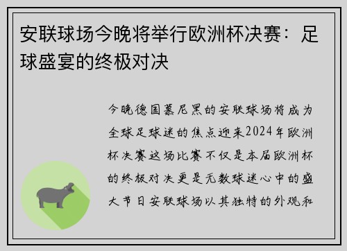 安联球场今晚将举行欧洲杯决赛：足球盛宴的终极对决