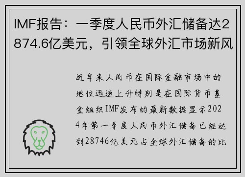 IMF报告：一季度人民币外汇储备达2874.6亿美元，引领全球外汇市场新风向