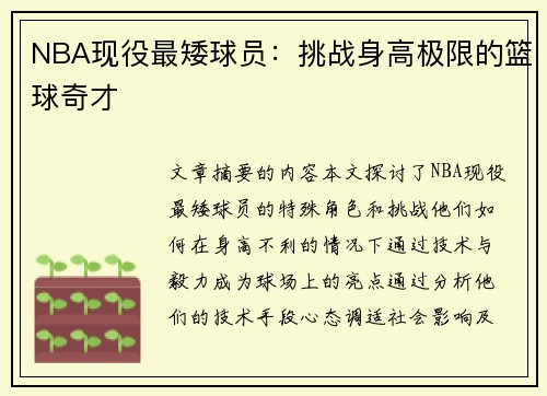 NBA现役最矮球员：挑战身高极限的篮球奇才