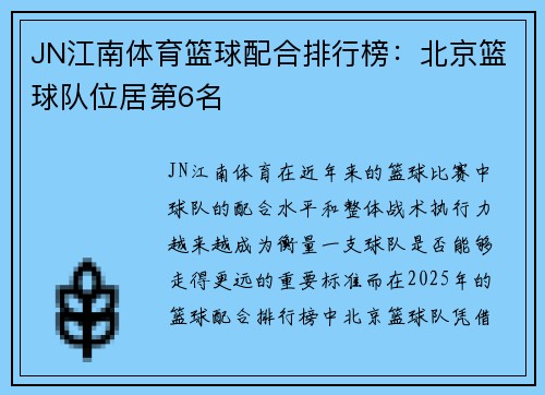 JN江南体育篮球配合排行榜：北京篮球队位居第6名